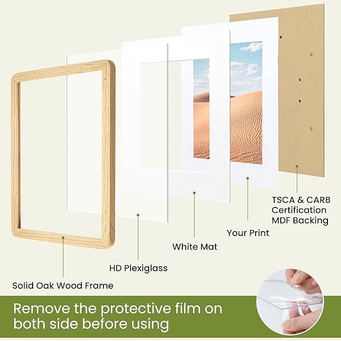 Dreamland 8.5x11 Picture Frame, Solid Oak Wood Photo Frame with Mat for 6x8, Round Corner 8.5 x 11 Matted Picture Frames with Resistant Plexiglass for Wall Mounting or Tabletop, Oak Color, Set of 1
