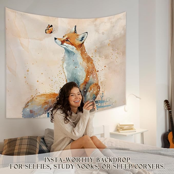 STHTTSW Fox Cute Tapestry, Fox Gifts，Watercolor Fox Tapestries Wall Blanket for Women Girls Fox Lovers, Aesthetic Preppy Animal Wall Hanging Decor for Teen Girls Women Home Living Room Bedroom, 50x60 Inch