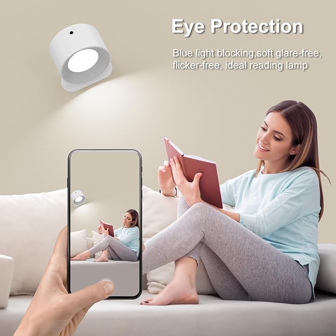 Romote LED Wall Sconce - Rechargeable Wall Light, 3 Colors & 3 Brightness Levels, 360° Magnetic Rotating Head, Bedside Reading Lamp, Easy Install Battery Operated Wall Lamp Black Pack of 2