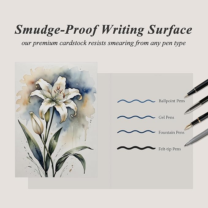 5x7 Blank Inside Greeting Card with Envelope, Watercolor Lily Greeting Card for All Occasions – Birthday, Sympathy, Thank You, Wedding - Single Card