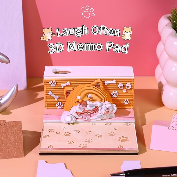 3D Calendar 2026, Cute Dog Time Piece Calendar 2026, Daily Tear-Off Memo Pad with LED Glow, Paper Carving Desktop Decoration, Unique Holiday & New Year Paper Craft Gift