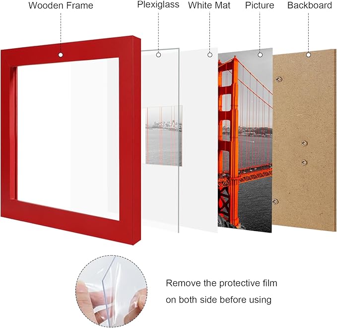 8x8 Picture Frame Set of 9, Photo Gallery Wall Frame Set, Display Pictures 4 x 4 with Mat or 8x8 Without Mat, Square Frame Picture Frames Collage Wall Decor, Red