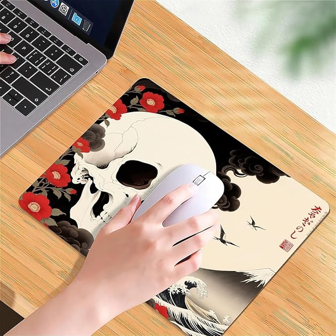Square Mouse Pad Waves and Skulls, Personalized Premium-Textured Custom Mouse Mat Design, Washable Mousepad Cloth, Non-Slip Rubber Base Computer Mouse Pads for Wireless Mouse