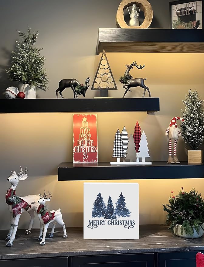 Navy Blue Christmas Tree Wooden Box Sign, Blue Christmas Decor, Farmhouse Merry Xmas Tree Winter Holiday Wood Signs for Home Office Desk Shelf Tabletop Decor, 5x5 Inch Decorative Signage
