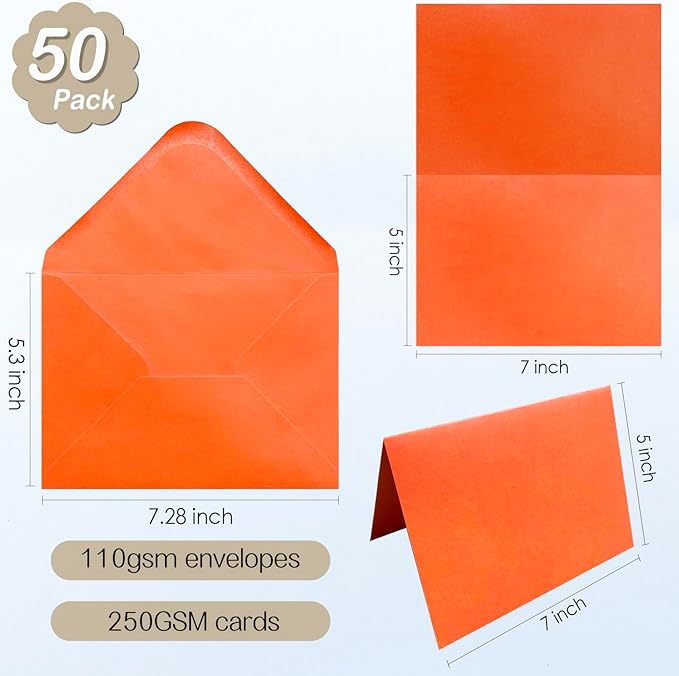 50 Pack Blank cards and envelopes,A7Self-Adhesive Envelopes with aestheticsFold Cards 5x7 for Wedding, GreetingCards, Baby Shower, Letter Mailing. (Sunny Vibrant Tones)