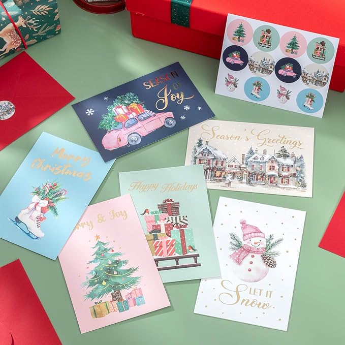 Christmas Cards, 36 Pack Merry Christmas Cards with Envelopes & Stickers, 4x6 Inch Holiday Card, 6 Assorted Designs Greeting Card for Xmas