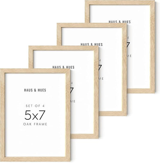 HAUS AND HUES Beige Oak Wood 5x7 Picture Frame - Modern Wood Wall Art Display - Lightweight 5x7 Frame for Art Prints, Photos, Posters - Ready-to-Hang Vertically & Horizontally (Set of 4)