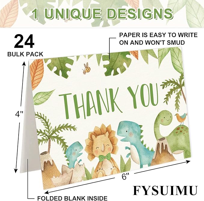 24 Pack Dinosaur Thank You Cards Bulk Cute Cartoon Greeting Cards with Envelopes Stickers Blank Note Cards for Birthday Baby Shower Party Supplies, 4 x 6 Inch