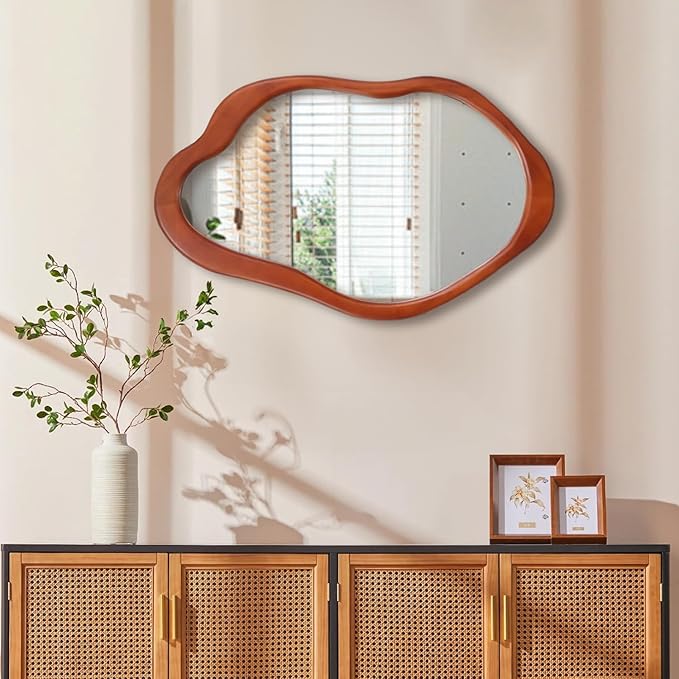 24"x 15" Wavy Wall Mirror Wood Frame, Modern Decorative Asymmetrical Mirror for Bedroom, Living Room, Entryway Walnut Color