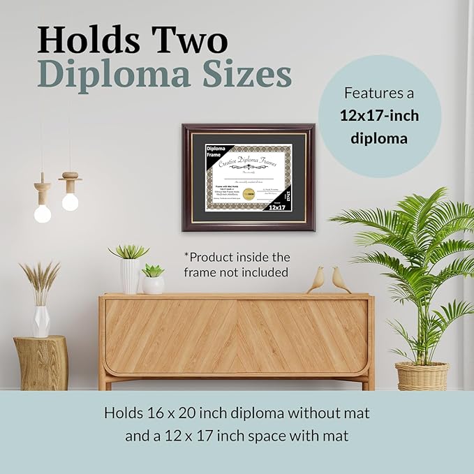 Creative Picture Frames 12x17 Mahogany Gold Rim Diploma Frame with Black Mat Glass and Installed Wall Hangers | Frame Holds 16x20 Media without Mat