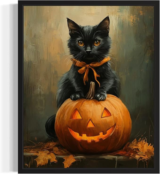 Halloween Cat Art Poster Print, Cat Kitten Painting Humor Portrait Pet Artwork Decor Gallery A8 (Halloween, 16 x 20 inches, Unframed)