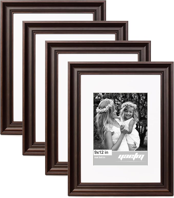 Yaetm 9x12 Picture Frame Matted to 6x8 Set of 4, 1.4” Wide Molding & Dark Brown Photo Frames 9 x 12 with Tempered Glass, Display on Tabletop & Wall Mounting (4 Pack, Brown)