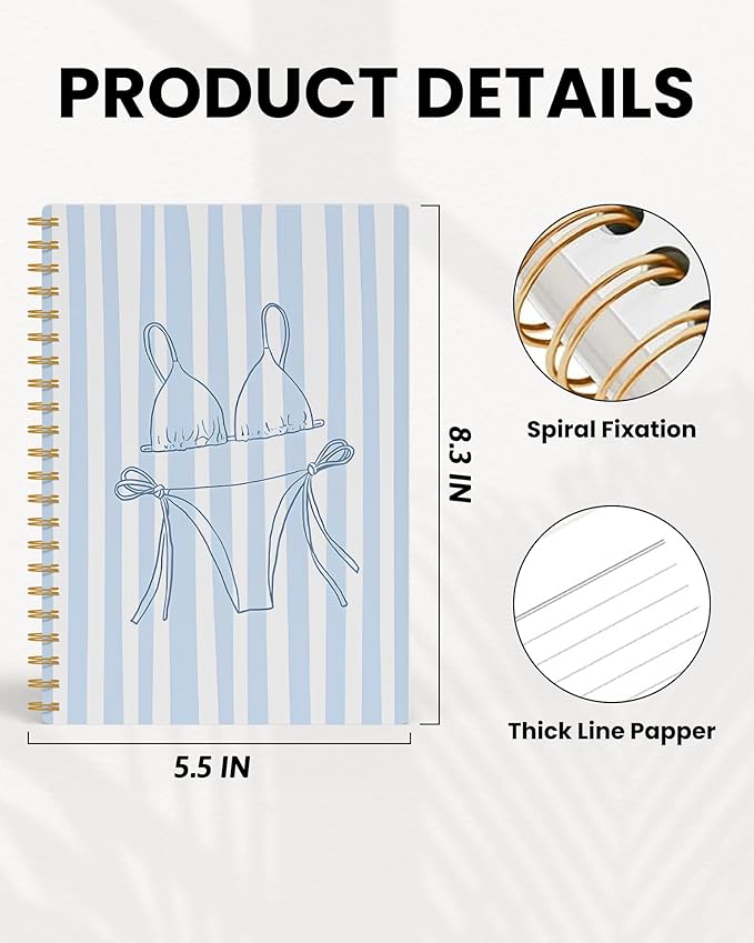 Girly Beach Notebook, Preppy Blue Striped Coastal Journal, Trendy Ocean Journal for Writing, Beach Lover Gifts for Women, Aesthetic Beachy Spiral Notebook, 5.5x8.3 Inch 555