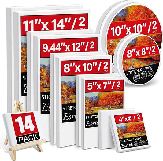 14 Packs Stretched Canvases for Painting, Multi Pack 11x14, 9.44x12, 8x10, 5x7, 4x4, Round Canvas with 8x8,10x10(2 of Each), Blank Primed Canvas, for Oil Paint, Acrylic Paint, for Beginners, Artists.