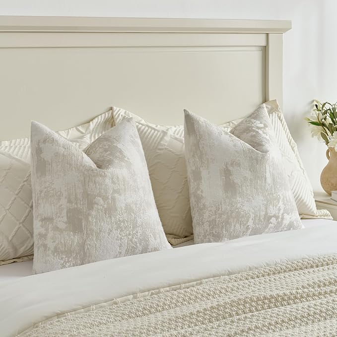 FUTEI Beige White Decorative Throw Pillow Covers 24x24 Inch Set of 2,Jacquard Weave Euro Pillow Shams in Soft Faux Cashmere,Modern Home Decor for Couch Living Room