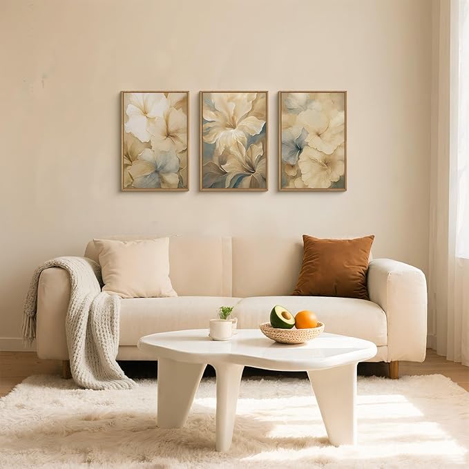 KAIRNE Neutral Floral Wall Art Set of 3, Modern Abstract Flower Prints with Soft Beige & Grey Tones, Boho Botanical Artwork for Living Room Bedroom Office, Minimalist Aesthetic Home Decor 16×24inch
