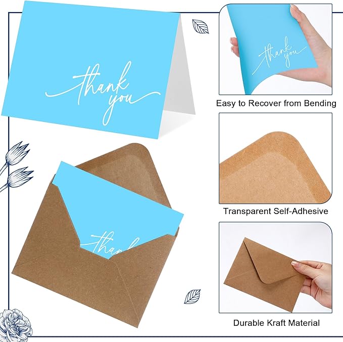 Gueevin 200 Pcs Thank You Cards with Kraft Envelopes and Stickers Bulk, 3.5 x 5 Inch Classy Blank Thank You Notes for Wedding, Business, Graduation, Baby Shower, Bridal Shower, Funeral (Light Blue)