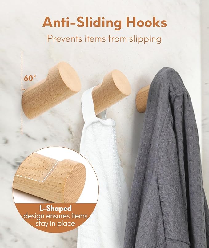 Wood Wall Hooks for Hanging, 4 Pack Hat Hook for Walls, Coat Hook Wall Mount, Backpack Hooks for Walls, Bathroom Towel Hanger (Natural)