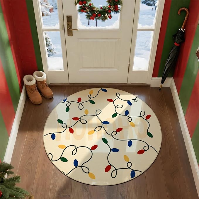 jinchan Jingle Lights Round Christmas Rug for Entryway Bedroom 4ft Beige Circle Holiday Rug for Living Room Colored String Lights Printed 4' Xmas Decor Washable Indoor Carpet for Foyer Non-Slip