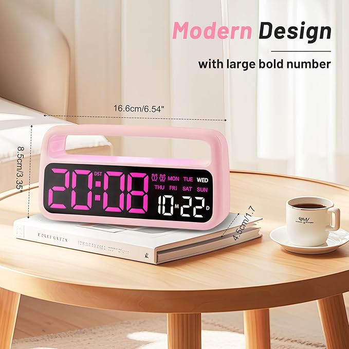 Digital Alarm Clock for Bedroom, Plug-in Digital Bedside Clock with Night Light, Large Display, Dual Alarm, Snooze, Dimmable for Adults Kids Teens, Pink