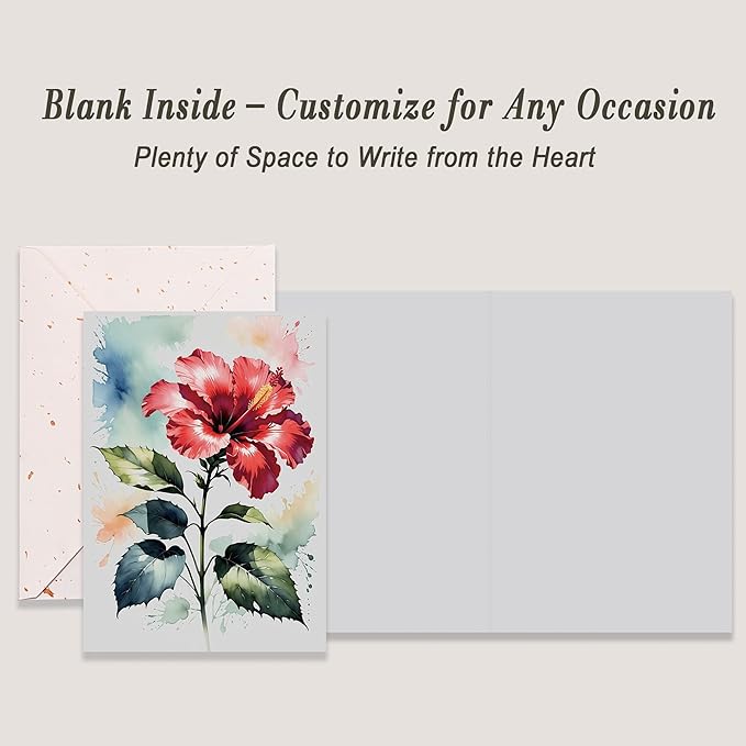 Elegant Blank Inside Greeting Card with Envelope, 5x7 Inch Watercolor Hibiscus Card – All Occasion, Birthday, Sympathy, Thank You - Single Card