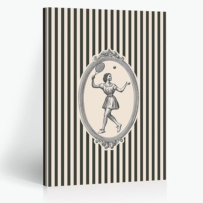 Vintage Tennis Lady Print Striped Elegant Sports Wall Art Posters Sports Lovers Gifts for Room Decor Aesthetic Family Wall Decor Prints 12X18 in Wrapped Framed