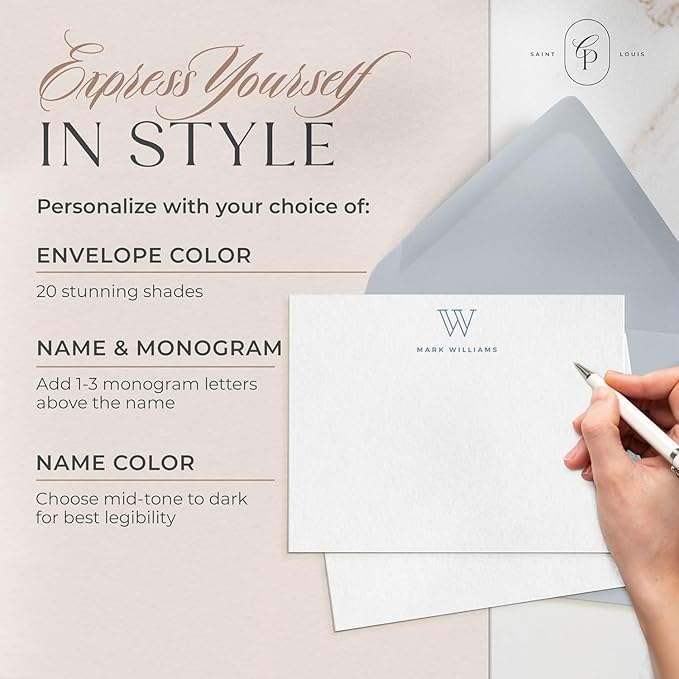 Personalized Stationery for Women & Men - A2 Flat Thank You Cards with Custom Notecards, Handmade Personalized Note Cards with Envelopes and Name, Custom Stationery - Outline Mono Flat