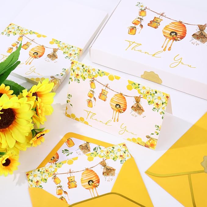 Whaline 50 Pack Little Honey Bee Baby Shower Thank You Cards Boxed Greeting Cards with Envelopes Stickers Honeycomb Flower Blank Note Card for Summer Birthday Party Supplies