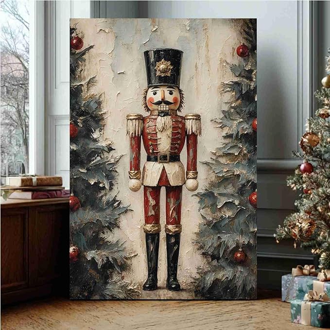Nutcracker Soldier Vintage Christmas Art Holiday Doll Canvas Wall Art Traditional German Decor Red Uniform Soldier Prin Poster Indoor Decor for Home Offices Living Room Bedroom Framed Ready to Hang