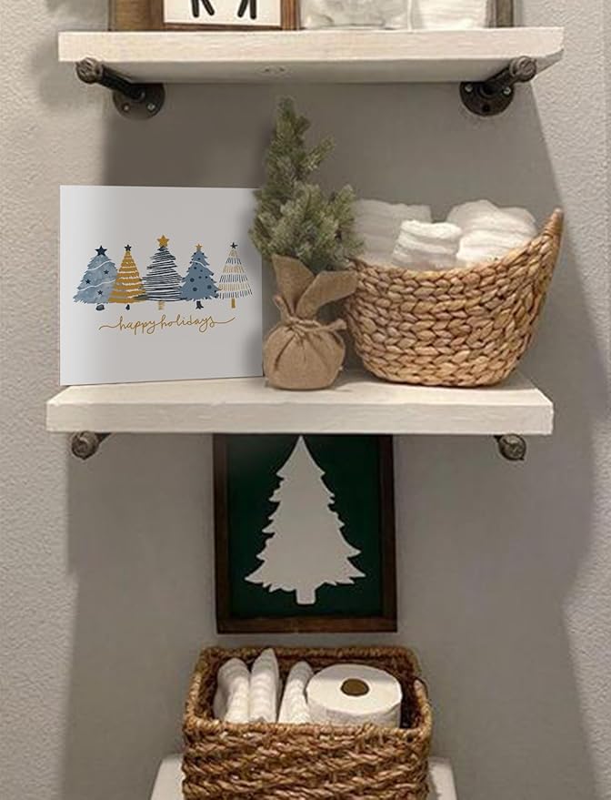 Minimalist Navy Blue and Gold Christmas Tree Wooden Box Sign, Preppy Christmas Desk Decor, Xmas Tree Winter Happy Holiday Wood Signs for Home Office Desk Shelf Tabletop Decor, 5x5 Inch Decorative Signage