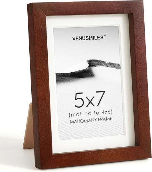 5x7 Picture Frame, USA-Sourced Natural Mahogany Wood Photo Collage Frame with HD Tempered Glass, Modern Simple 5 x 7 Wooden Frame Matted to 4x6, Gallery Wall Frames for Art, Wall or Tabletop Display