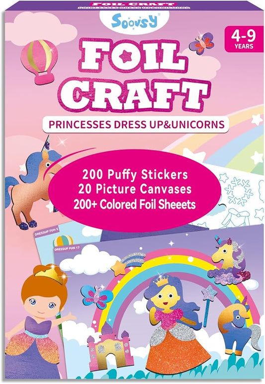 SOOVSY 200 Sheets Princesses & Unicorns Foil Art Fun Kit for Kids, Foil Art Craft DIY Creative Activity Gift Travel Toys for 4 5 6 7 8 9 Years Old Kids Girls Boys(Unicorns & Princesses)