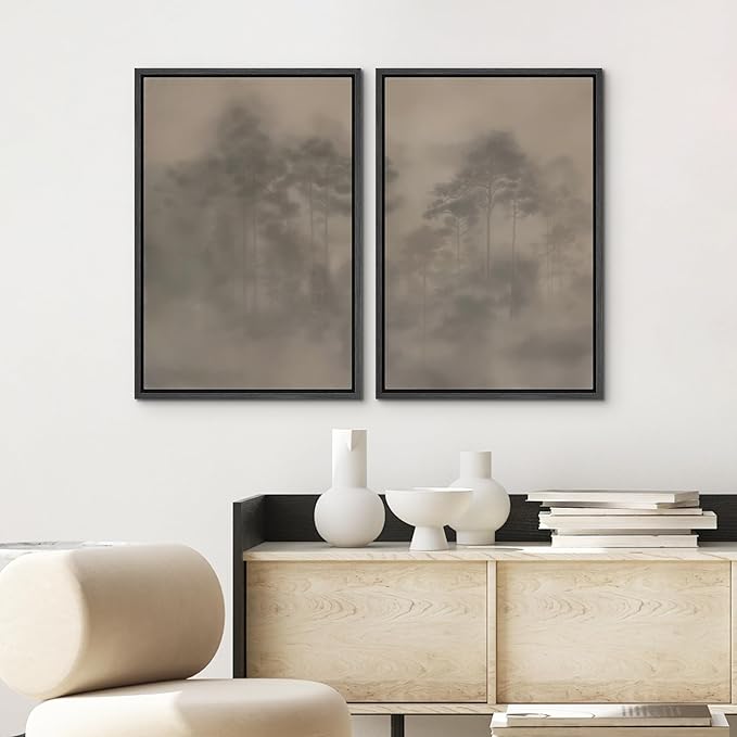 SIGNWIN Framed Canvas Print Wall Art Set Foggy Pine Forest Minimalist Monochrome Nature Illustrations Modern Art Scenic Colorful for Living Room, Bedroom, Office - 24"x36"x2 Black