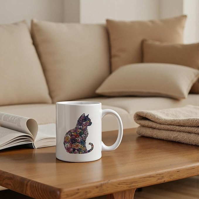 Wildflower Cat Mug 11 oz, Cat Lover Gifts for Women, Cats Mom Lady Gifts Coffee Cups Ceramic, Aesthetic Kitten Ceramic Mug for Coffee Tea Hot Cocoa Home Office Work
