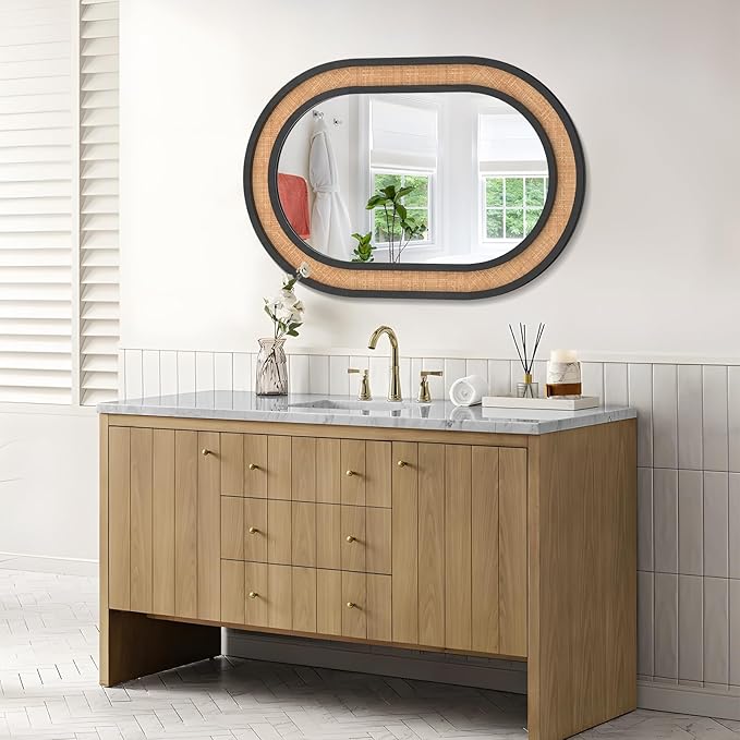 Rattan Wall Mirror with Wooden Framed Black Oval Bathroom Mirror 24 X 36 inch Farmhouse Wood Mirror for Modern Decorative Bathroom, Living Room, Entryway, Bedroom