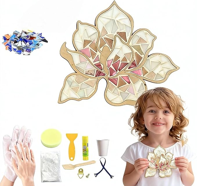 TATREBCRE DIY Mosaic Kit for Adults & Kids – Feather, Bird, Cat & Heart Designs – Christmas Gift Arts and Crafts Kit with Grout & Tools – Easy Mosaic Craft for Beginners (White Flower)