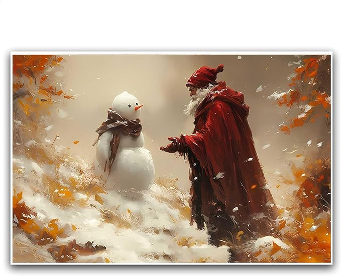 Vintage Christmas Canvas Painting Santa with Snowman Christmas Character Canvas Wall Art Holiday Winter Poster Indoor Decor for Home Offices Living Room Bedroom Dining Room farmhouse Holiday