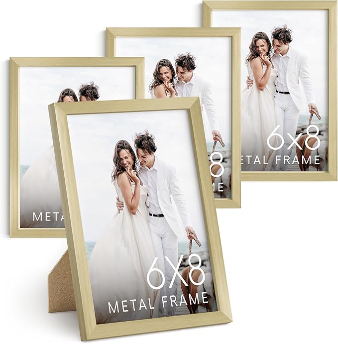 HAUS AND HUES 6x8 Gold Metal Picture Frames - Gold Frames 6x8 - Features Premium Aluminum, Vertical Hanging, Easel Back for Tabletop, Home, Office (6x8 in, Set of 4)