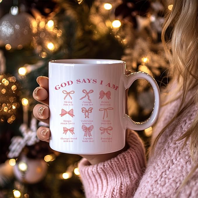 Christian Pink Bows Coffee Mugs, God Says I Am, Coquette Bible Ceramic Coffee Mug, Christian Gifts for Women, Positive Affirmantions Coffee Cup, 11oz Ceramic Cup White