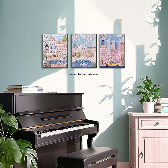 XLARTMY Watercolor City Landscape Travel Wall Art Canvas Framed Pink Cherry Flower Poster Girly Prints Painting Pictures Set of 3 for Bedroom Living Room Office 12x16in Unframed