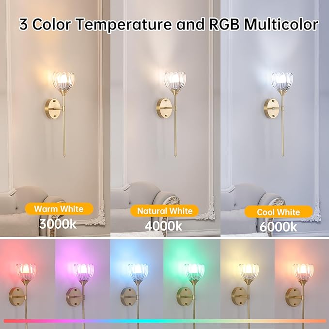 Battery Operated Wall Sconce Set of 2, Clear Tulip Vintage Wall Light Fixture Rechargeable 5000mAh Battery Powered Wall Lamp with Remote for Living Room Bathroom