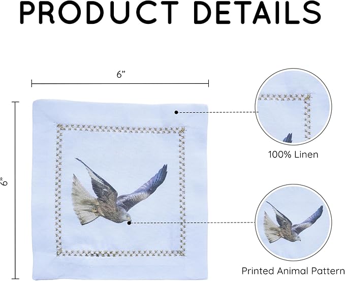 Cocktail Napkins Set of 6, 6x6 inch, 100% Pure Cotton, Printed Animal Pattern, Reusable & Washable Cloth Coasters for Beverages, Hosting, Gifting & Everyday Use (Eagle - White)
