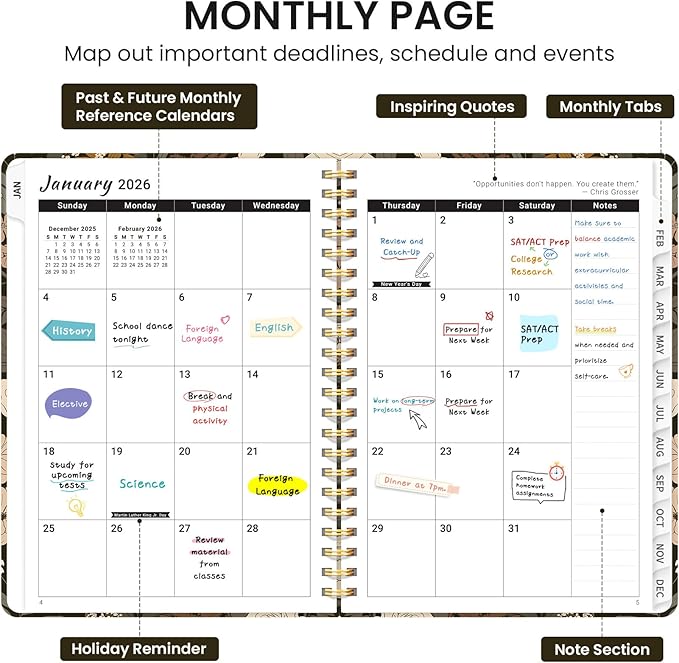 2026 Planner, Weekly and Monthly Calendar Planner for Women, Jan 2026 - Dec 2026, Hardcover Planning Agenda book with Tabs, Spiral Bound, Inner Pocket, Perfect for School Office Supplies, 6.3" x 8.5" - Wild Rose
