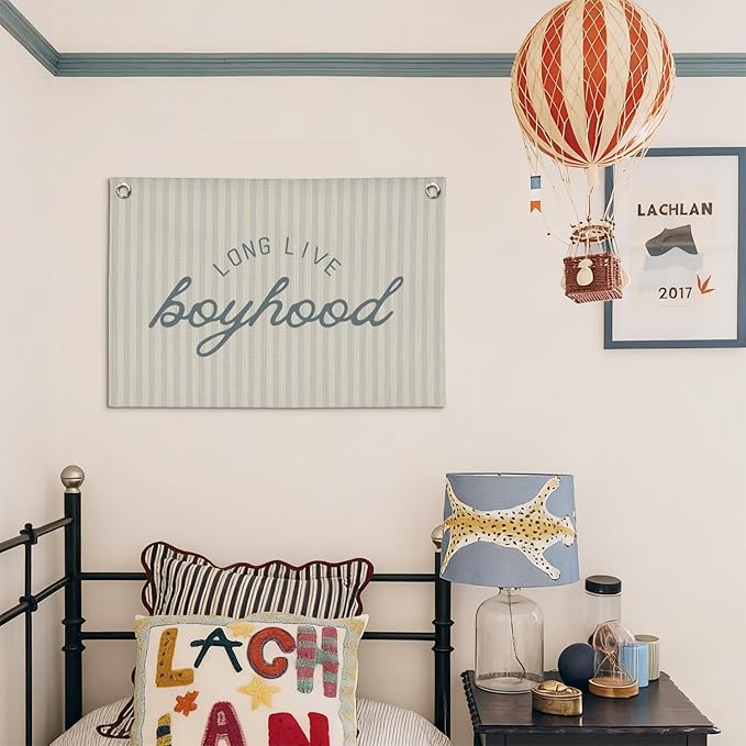 Long Live Boyhood Banner Wall Hanging, Boys Room Decor Wall Art,Preppy Blue Striped Wall Decor Hanging Print for Kids Boys Toddler Nursery Bedroom Playroom 30X20 Inch