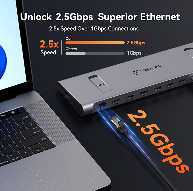 TobenONE 16-in-1 3 Monitors & Dual Monitor Dock Used for 4K@120Hz,2 HDMI+DP+6 USB Ports for Office & Home Use,Capable of 100W Charging & 2.5Gbps Ethernet, Used with Dell/HP/Lenovo
