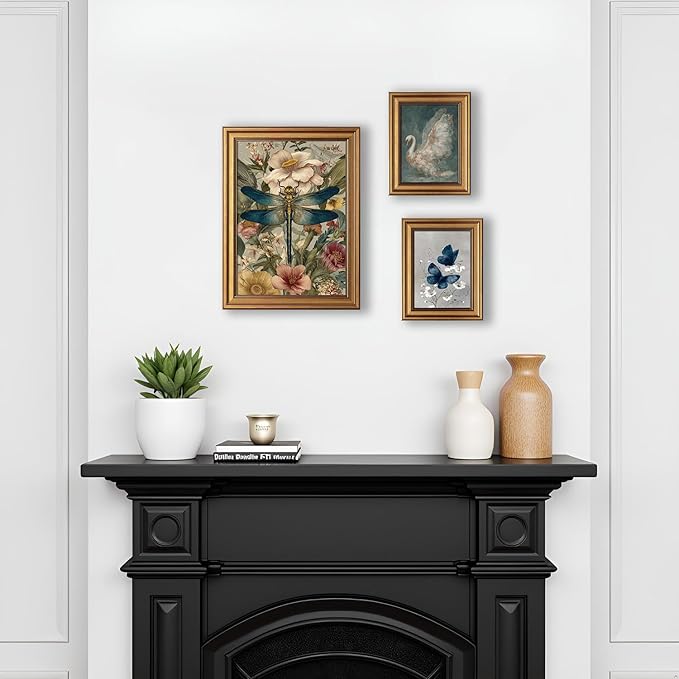 okudolit Gold Framed Dragonfly Canvas Wall Art Print Blue Insect Botanical Floral Painting Vintage Flower Picture Artwork Rustic Retro Nature Decor for Living Room Bedroom Office Home Decor 12x16in