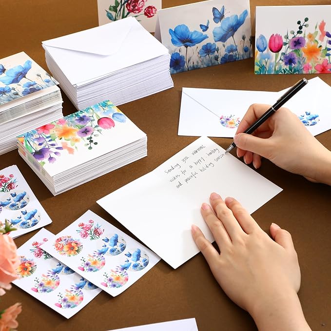 Gueevin 96 Pcs Painted Flowers Blank Cards & Notes Assortment with Envelopes and Stickers 3.5 x 5 Inch Watercolor Florals Blank Greeting Cards for Wedding, Party, Business, Invitations, Graduation