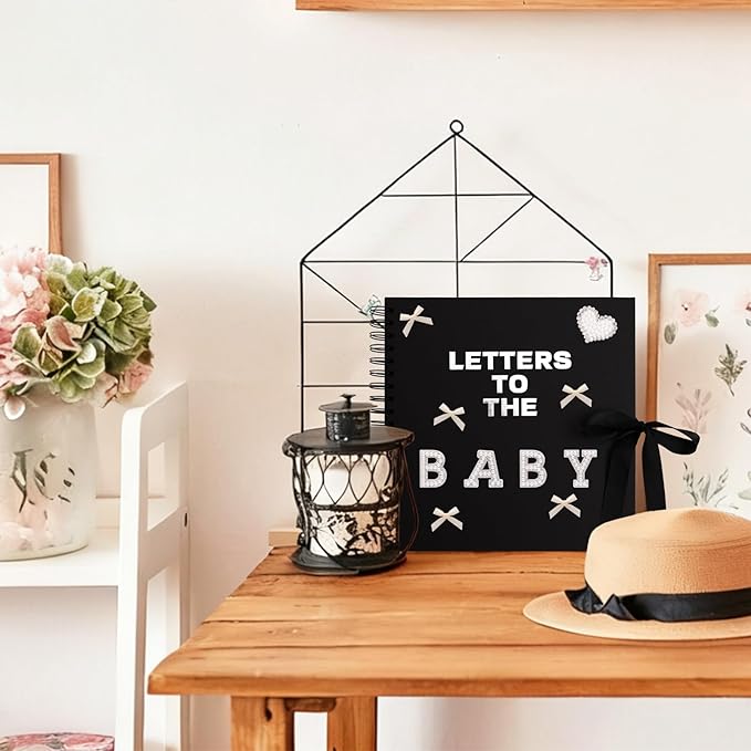 BINBE 10 x 10 Inch Letters to The Baby Scrapbook DIY Blank Paper Album Memory Book for Kids Sign with Pearl Scrapbook Photo Stickers, Metallic Letters, Bows Black