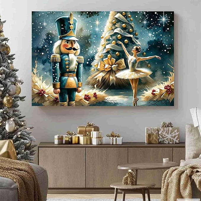 Christmas Wall Art Holiday Decor Nutcracker and Ballerina Winter Scene Poster Modern Farmhouse Poster Vintage Oil Painting Print Indoor Decor for Home Bedroom Christmas Holiday Framed Ready to Hang