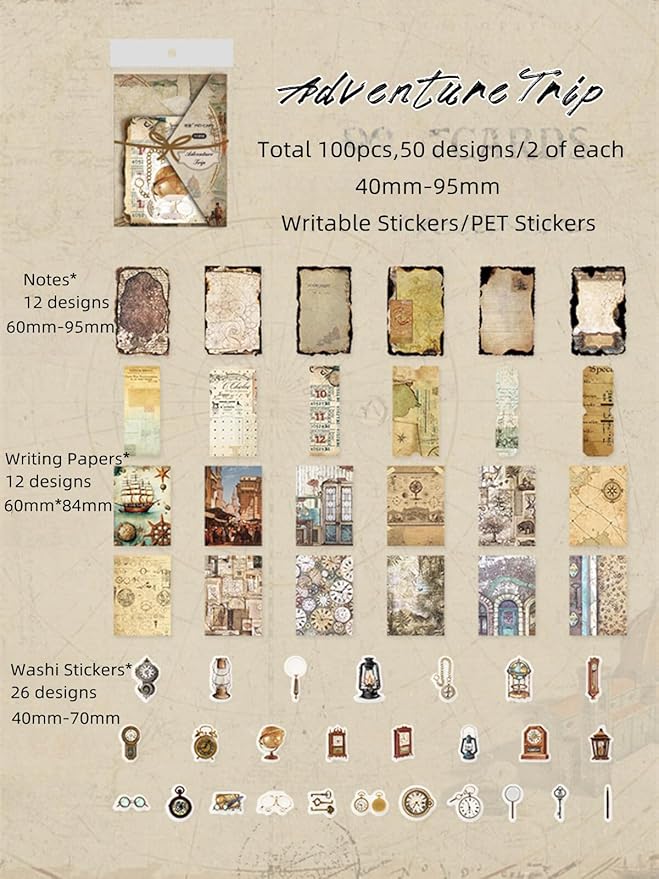 100PCS Vintage Journaling Scrapbooking Supplies Ephemera Pack for Junk Journal Bullet Journals Planners Decoupage Paper Scrapbook Stickers Aesthetic Cottagecore Collage Craft Album (Adventure Tours)
